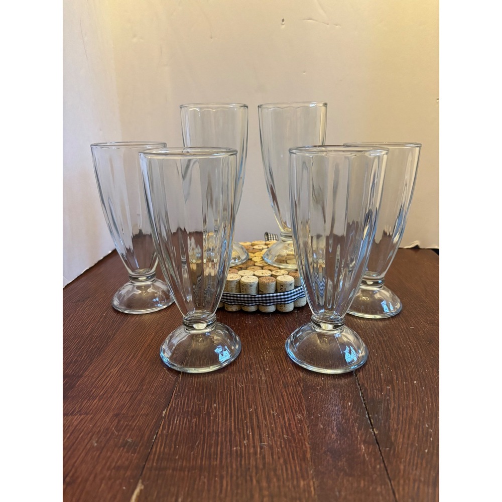 Vintage Set of 6 Paneled Glass Soda Fountain Milkshake‎ Sundae Glasses 7.5 Inch